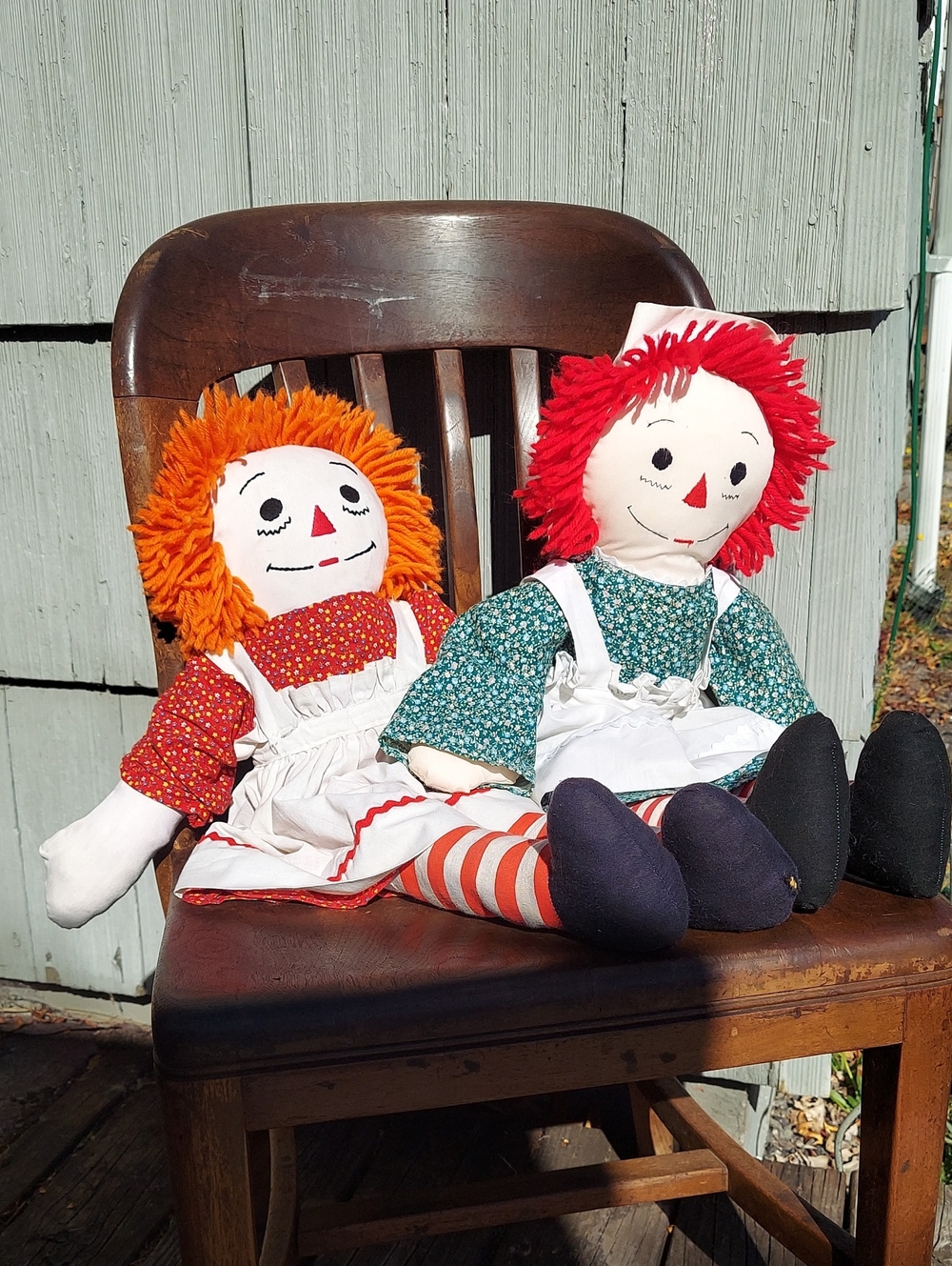 Vintage Handmade Raggedy Ann Doll Pair with Flowered Dresses